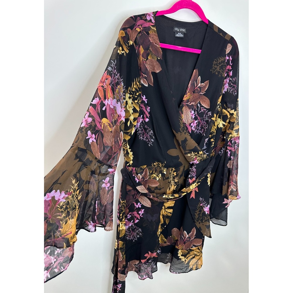 City Chic Malaga Floral Print LS Faux Wrap Dress Black Gold Plus Size 18 - Picture 4 of 12